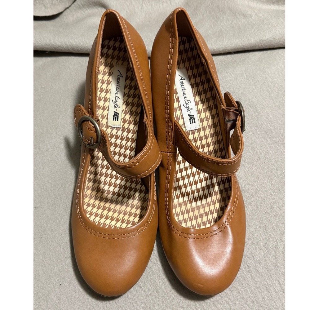 American Eagle Womens Cognac Brown Mary Jane Buckle Strap Cone Heel Pumps Size 9